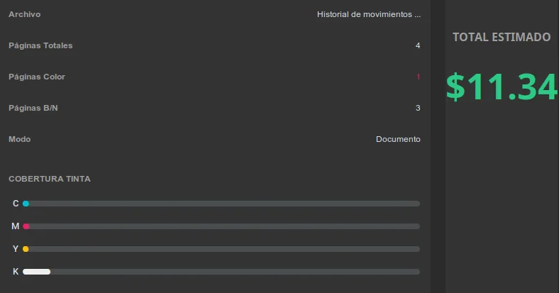 CopyByte Color OS: resultados de cobertura de color CMYK por página