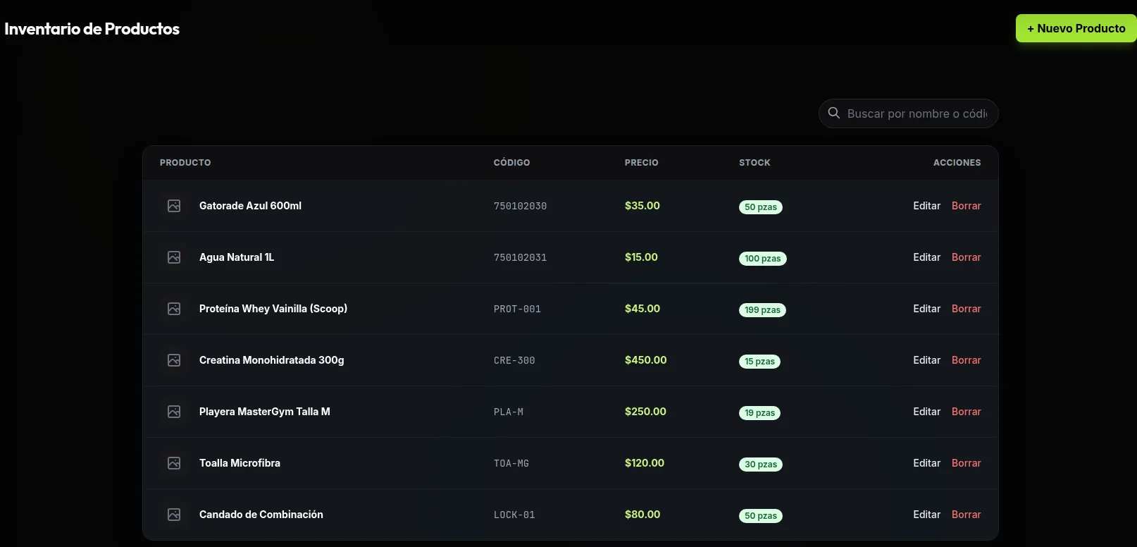 MasterGYM: inventario de productos con categorías y stock para el POS